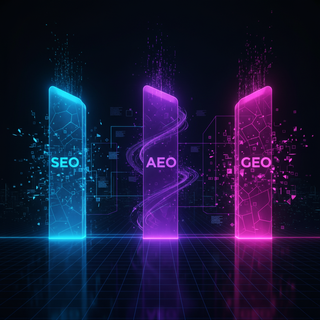 Visual van vergelijking SEO vs AEO vs GEO: drie pillar shapes in blauw, paars en magenta