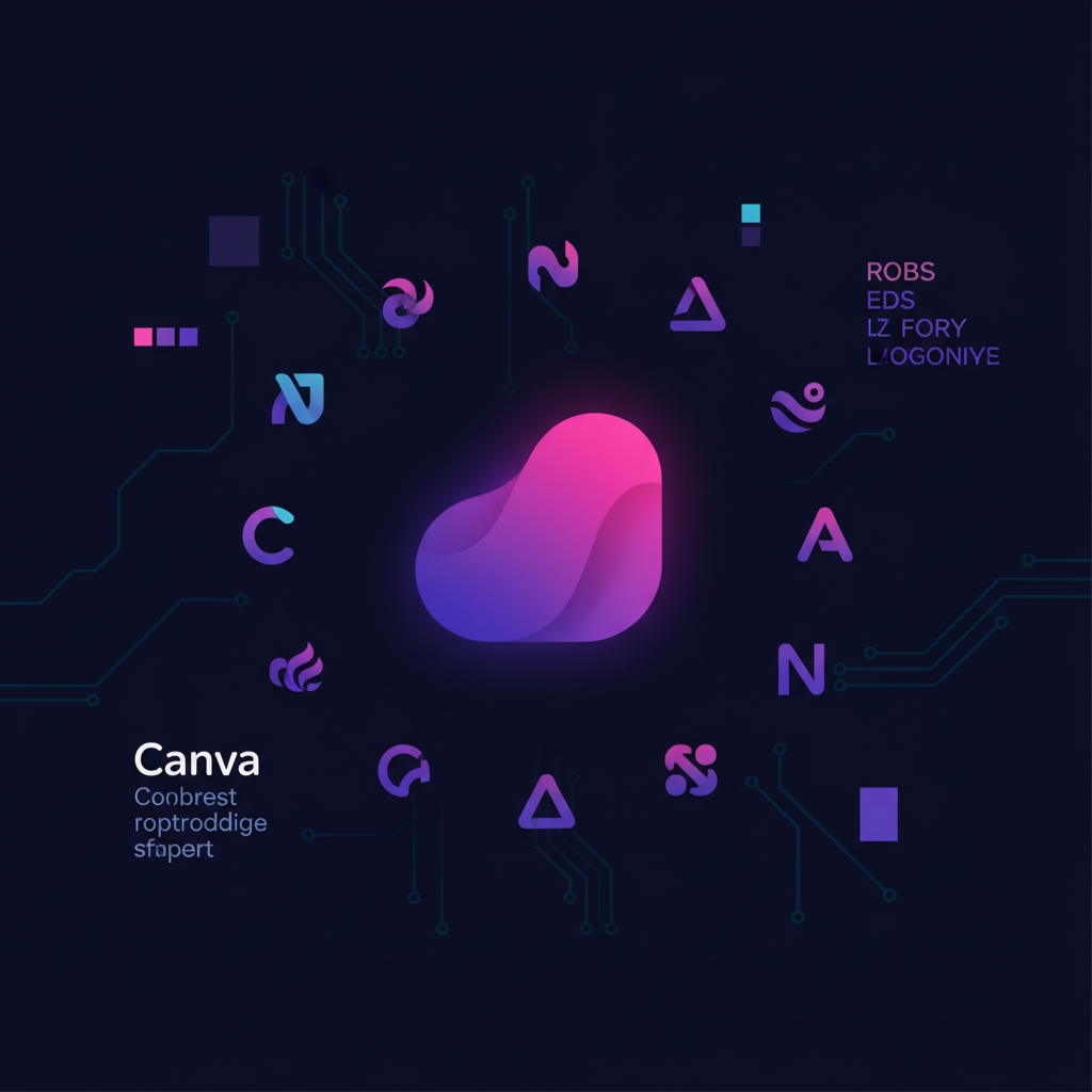 AI logo generator visueel: gestileerde logo-mockups met paars-roze gradient op donker cyberpunk vlak