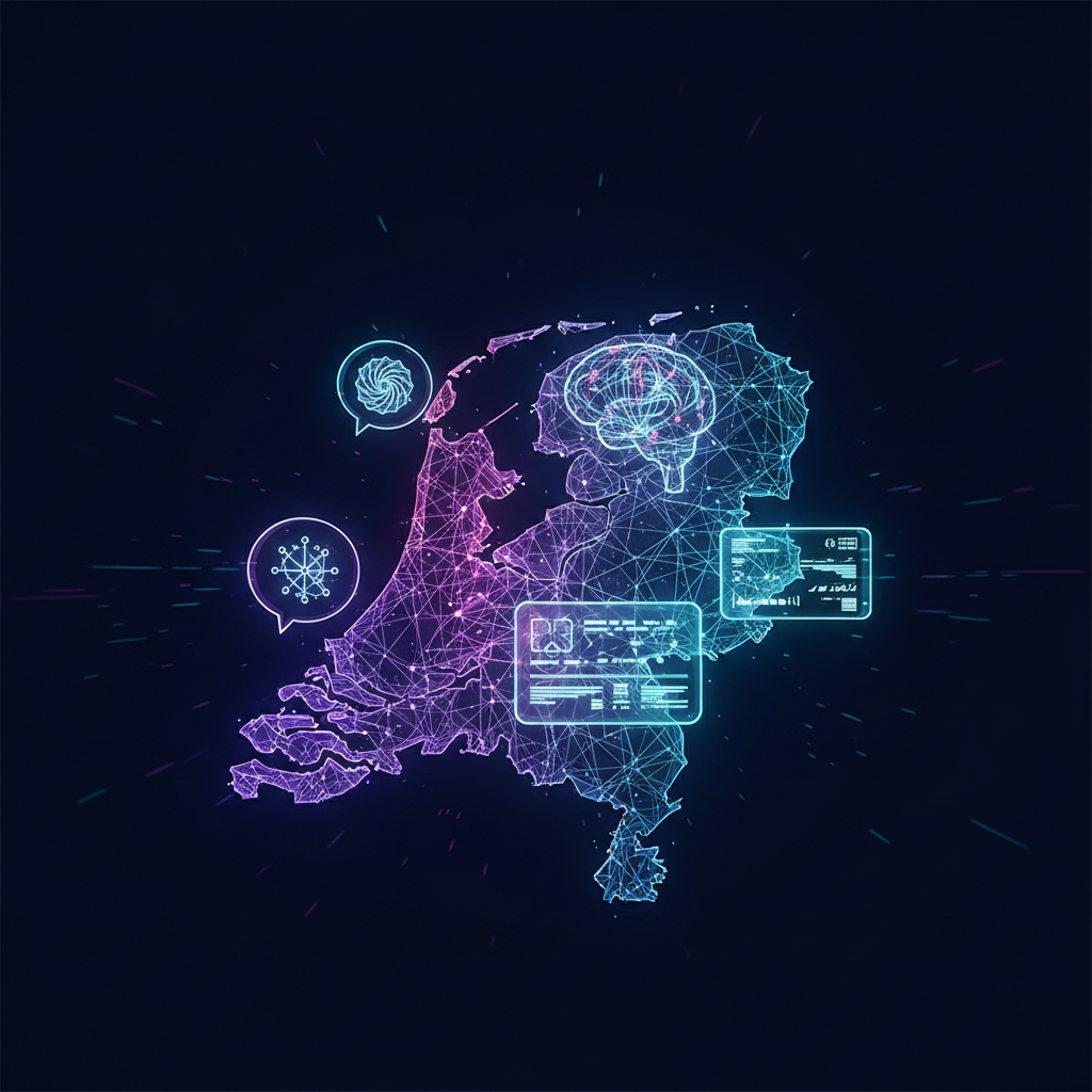 Visual van GEO bureau Nederland: wireframe Nederland-kaart met AI brain en citation iconen