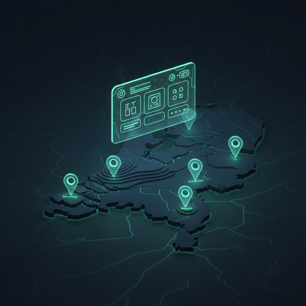 Visual van lokale SEO: 3D kaart van Nederland met groene Google Business Profile pin markers