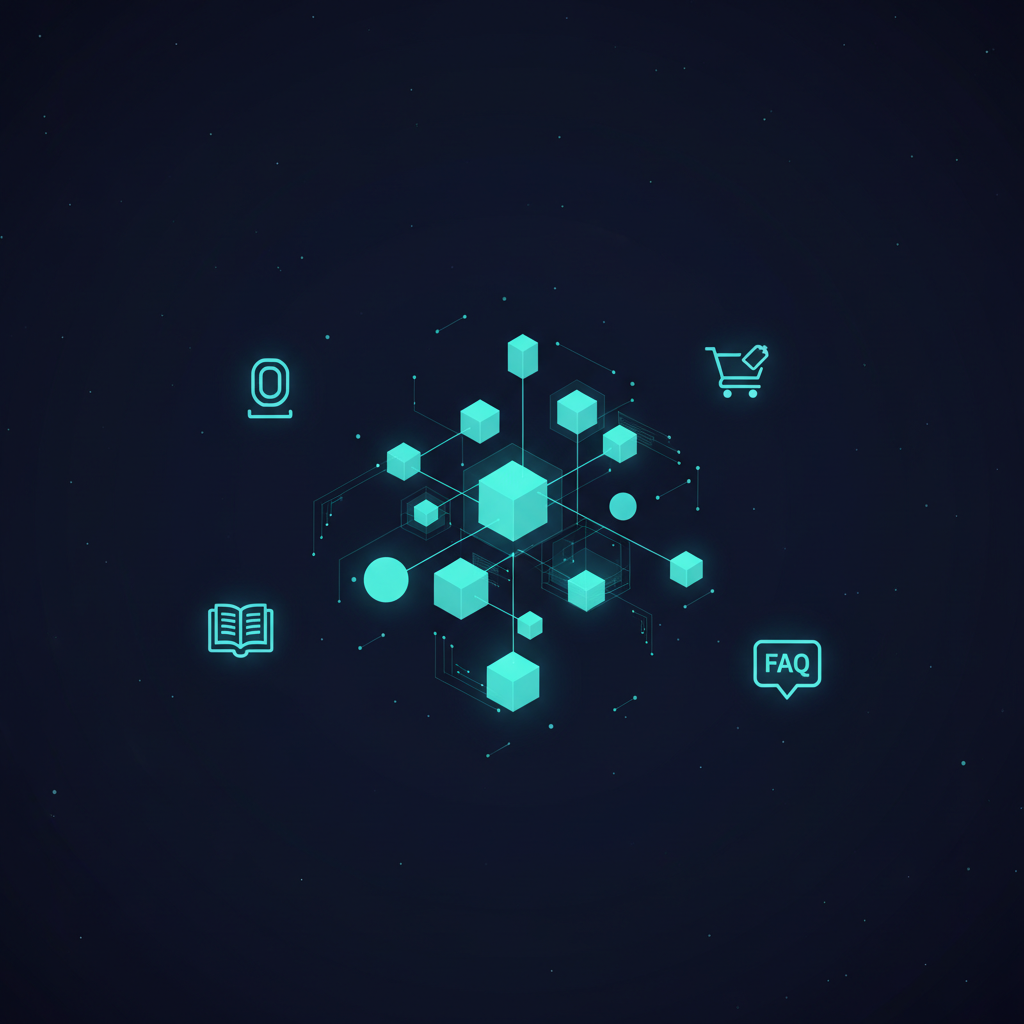 Visual van schema markup: JSON-LD code structuur in glowing geometric blocks