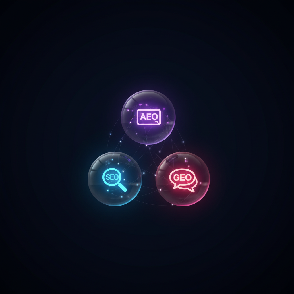 Visual van SEO/AEO/GEO verschil: drie glowing icon-spheres verbonden door neural network lines